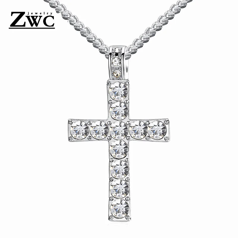 ZWC Модный классический кристалл инкрустация крест кулон ожерелье для женщин