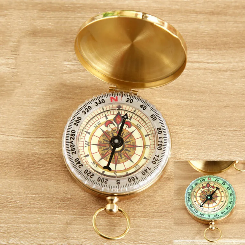 Pure copper clamshell compass with luminous pocket watch portable outdoor multi-function metal measuring ruler tool | Спорт и