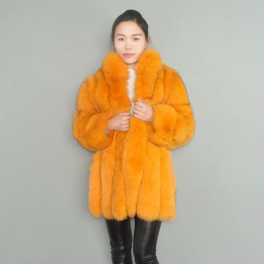 Настоящее оранжевое пальто в полоску Вертикальную Полоску с лисьим мехом