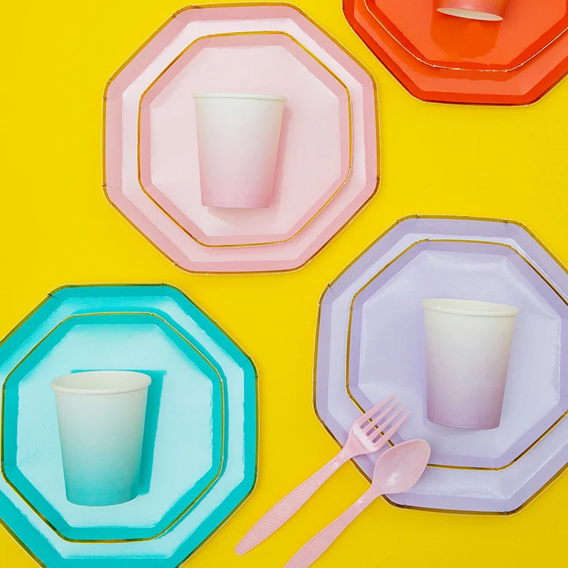 

High Quality Colorful Party Supplies Disposable Tableware Sets Solid Color Paper Plate Cups Napkins for Wedding Baptism Decor
