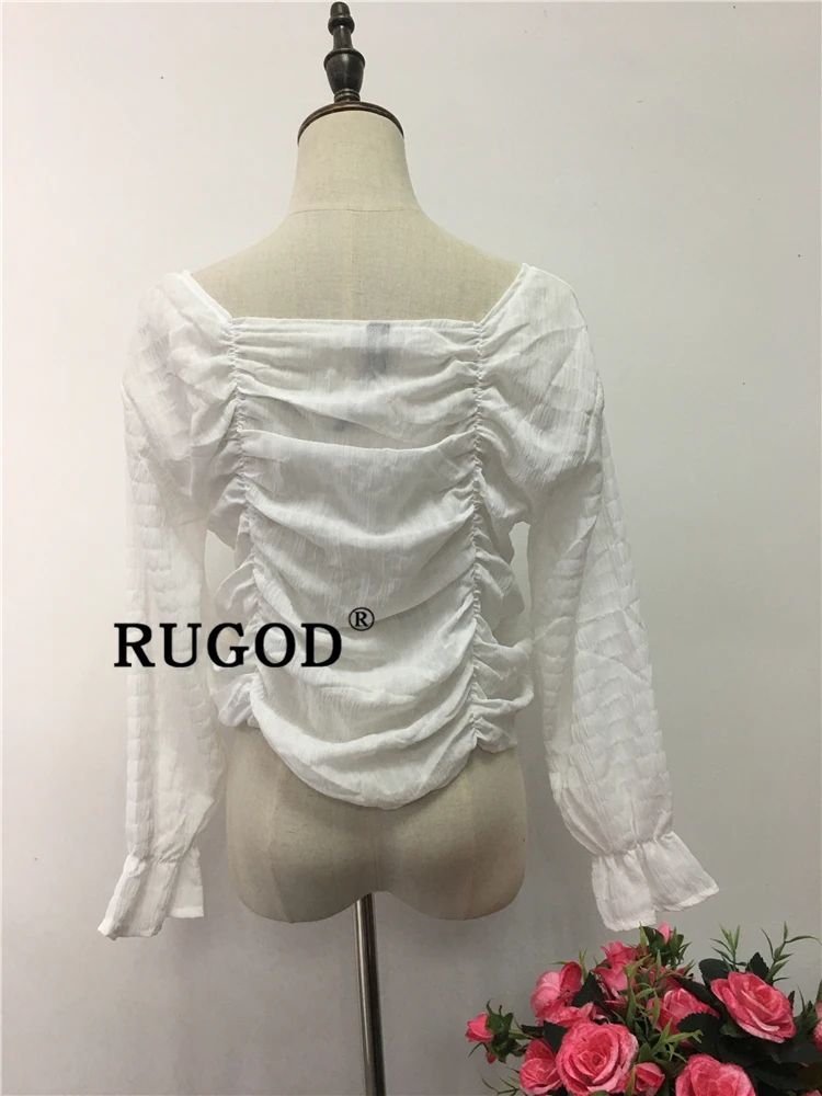 RUGOD шифоновые элегантные однотонные женские блузки с расклешенными рукавами и v-образным вырезом средней длины, плиссированные тонкие винтажные женские блузки в Корейском стиле modis femme blusas mujer