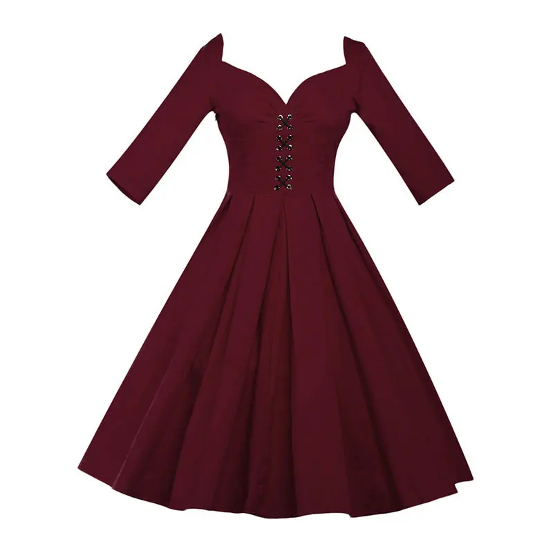 1 4XL размера плюс 50s рокабилли платье с бантом зеленый красный длинный рукав осенние женские повседневные Свинг платья V образным вырезом Robe Femme Vestidos - Цвет: 1