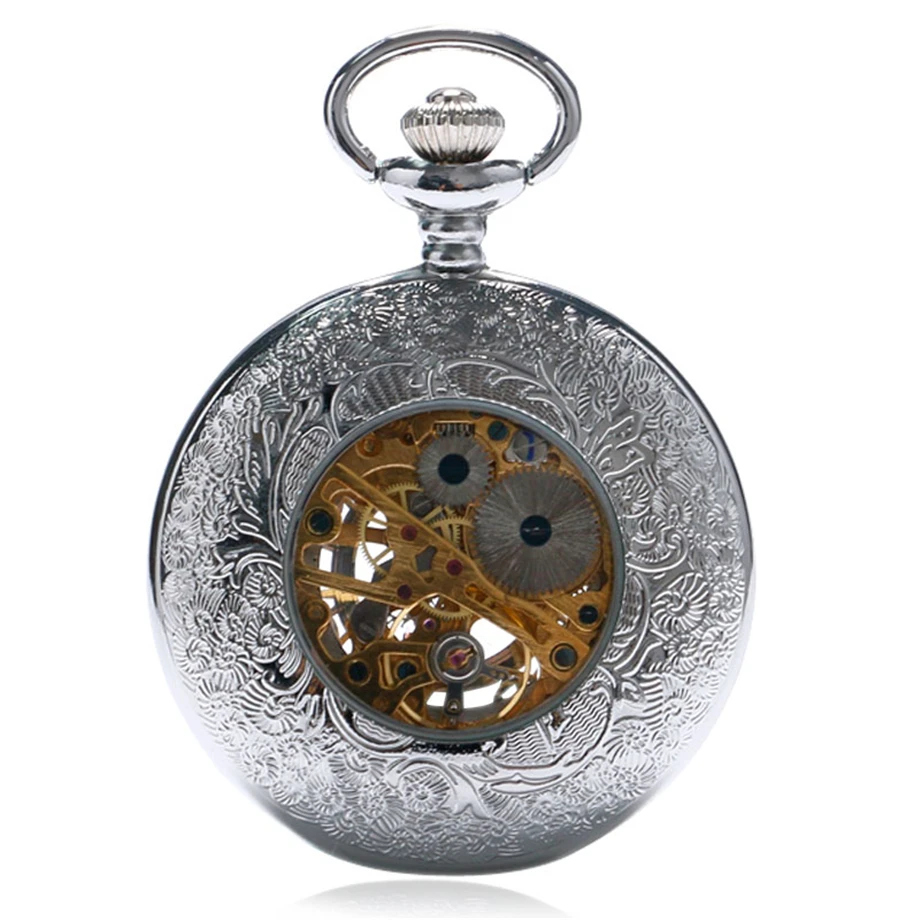 

Fashion Hollow Flower Silver Hand Winding Mechanical Pocket Watch Mens Womens Box Bag