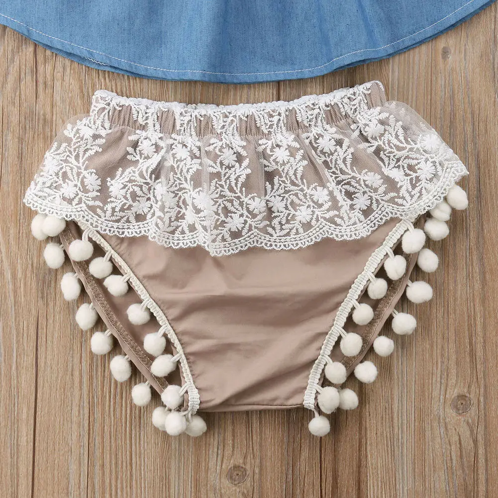 3PCS Newborn Baby Girls Summer Clothes Short Off-Shoulder Shirt + Shorts with Lace and Pompon Headband Outfits | Детская одежда и