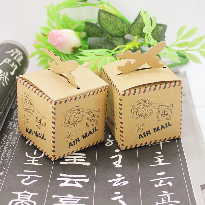 20pcs/lot Wedding Favors &quotAir Mail&quot Plane Aircraft Airplane Kraft Candy Box Gift Boxes for traveling theme wedding decoration | Дом и