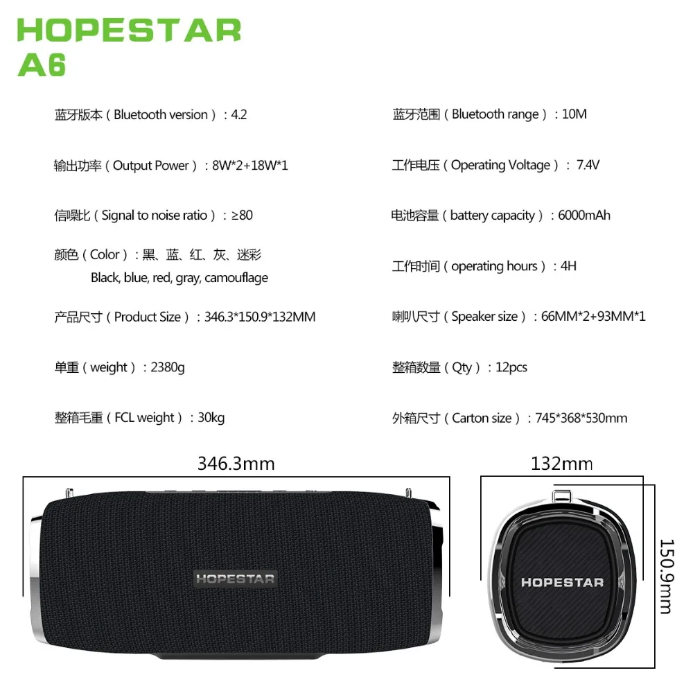 Hopestar A6 Bluetooth динамик музыкальная Колонка стерео Бас Сабвуфер 30 Вт Водонепроницаемый Открытый Портативный беспроводной громкий динамик+ внешний аккумулятор