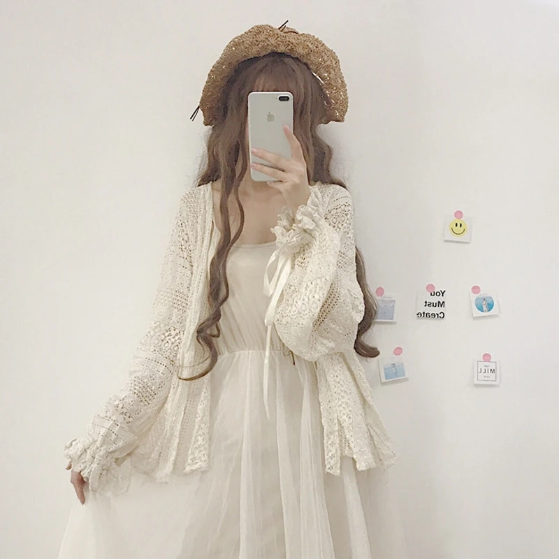 Летняя женская рубашка с рукавами фонариками милая кружевная блузка Mori Girl бантом