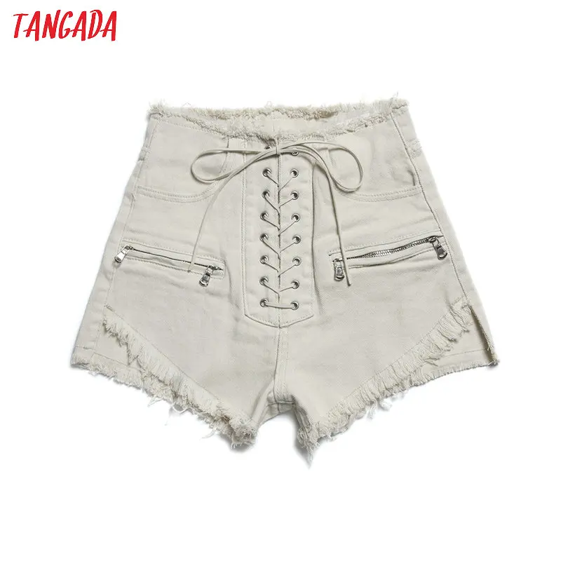 

Tangada women stylish summer denim shorts lace up high waist pockets female casual streetwear white short jeans pantalone 2A19