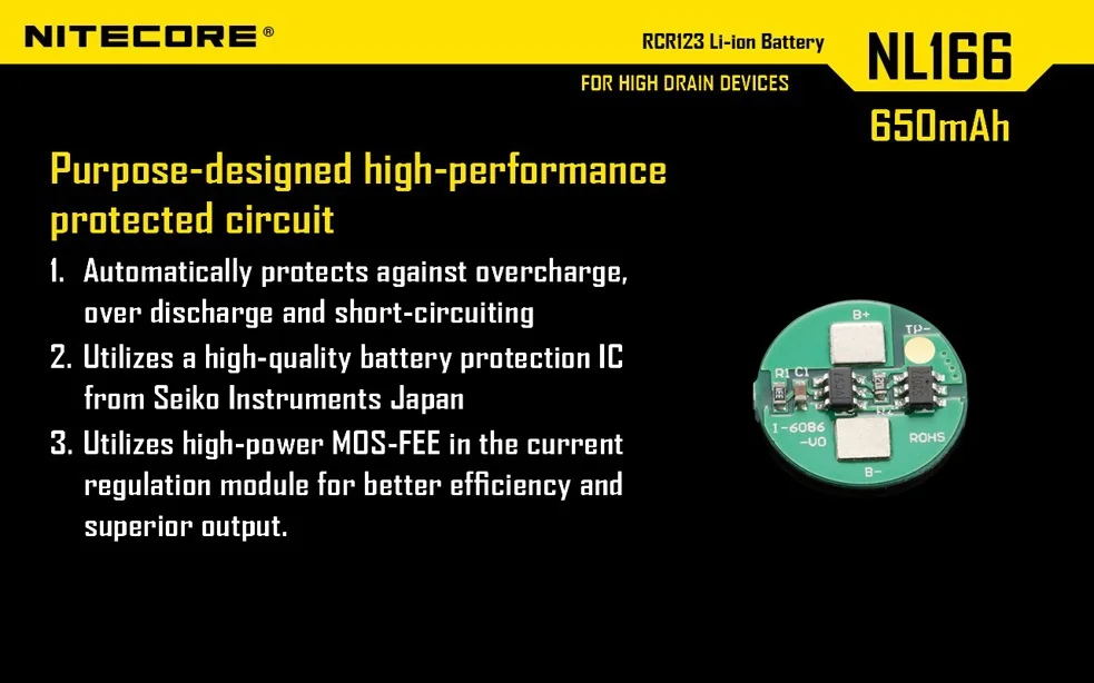Литий ионный перезаряжаемый аккумулятор NiteCore NL166 RCR123A(16340) 3 7 V 650mAh 3A с защитой