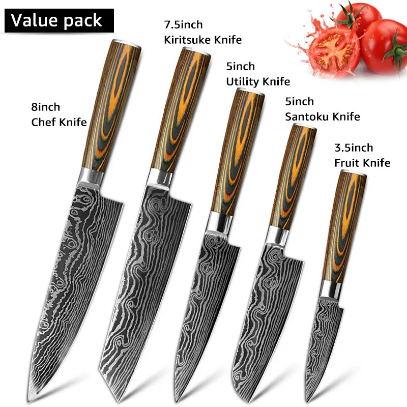 A Нож шеф-повара имитация дамасской стали 7CR17 440C Santoku кухонный нож острый Кливер нож для нарезки Подарочный нож высокого качества - Цвет: A