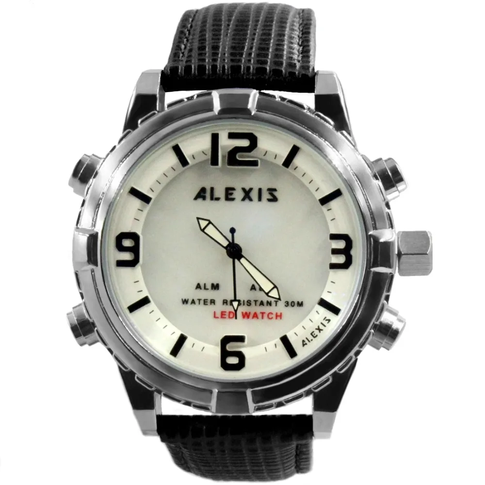 Часы Alexis Fashion Мужские водонепроницаемые LED andigit с кожаным ремешком черный белый