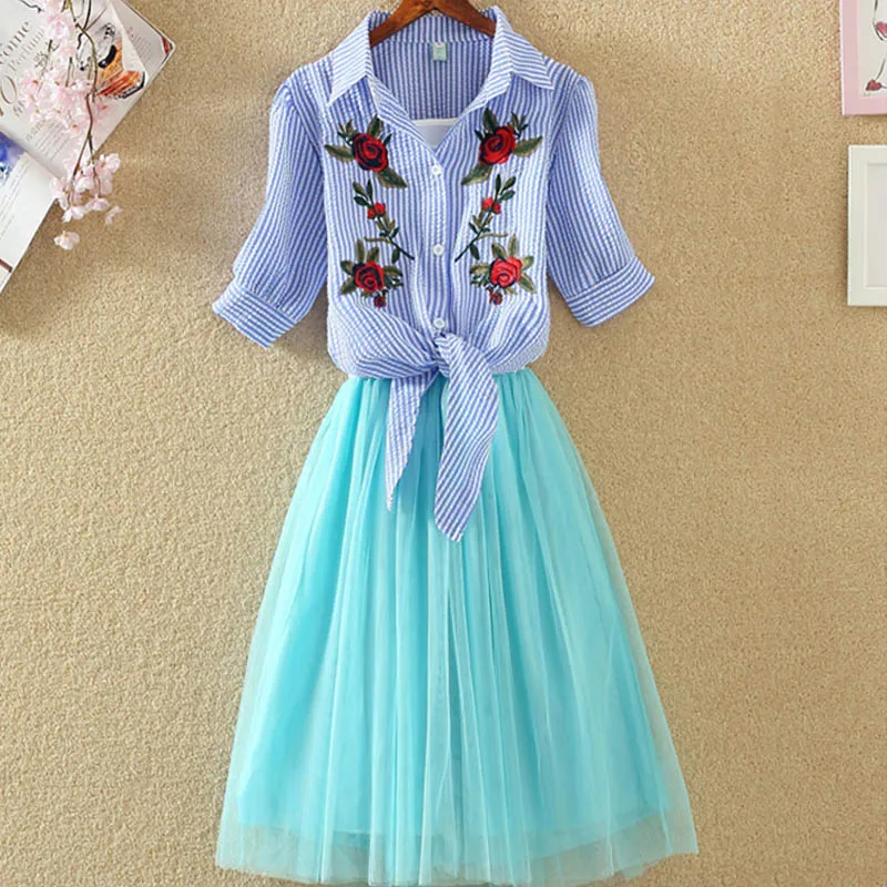 2 Pieces Tutu Dress Women Shirt And Sling Veil Suit Cute Mesh Vest Ballet Summer Blue White Princess Dresses | Женская одежда