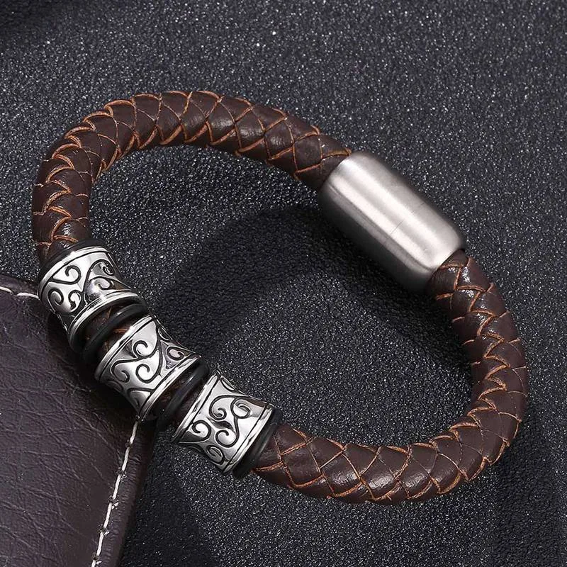 

Fashion Jewelry Leather Men Bracelet Viking Charm Stainless Steel Cuff Wristband With Strong Magnet Clasp Women Bangles BB0159