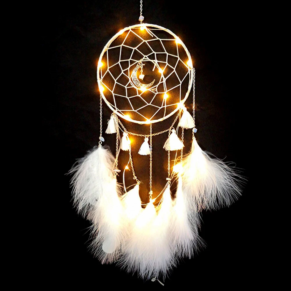 Dream Catcher DIY Home decoration Handmade led Lighting Moon Design Feather Craft Hanging Dream Catcher for Kids girls room Gift
