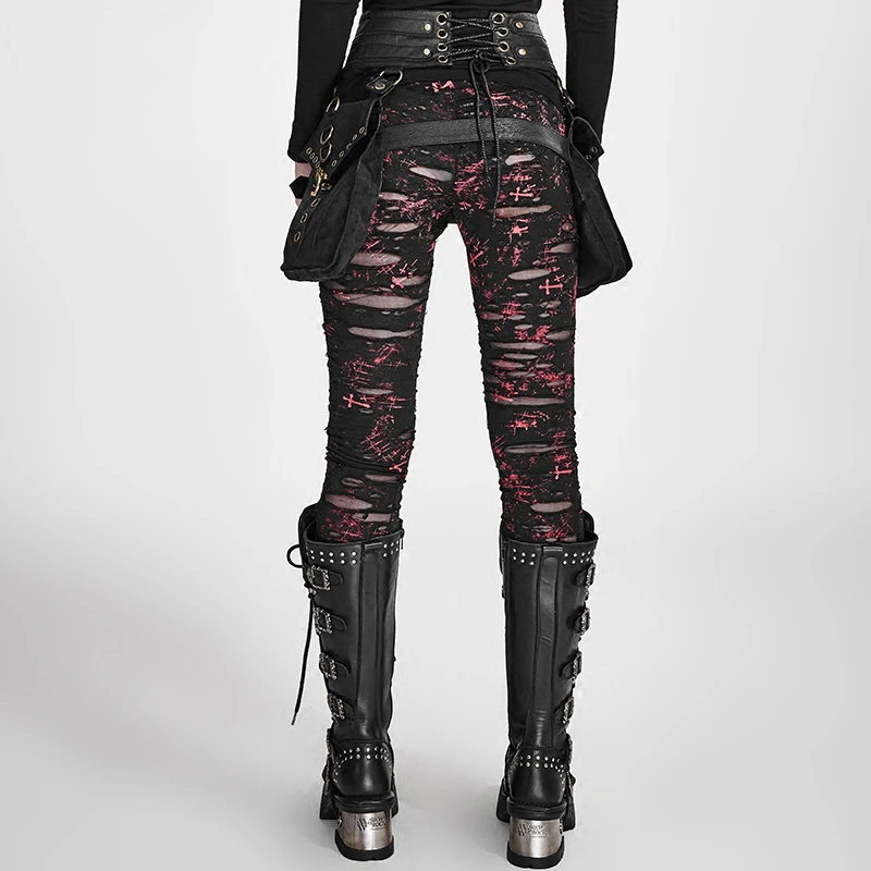 Gothic Women Broken Mesh Leggings Steam Punk Black And Red Women's Holes Ripped Leggings