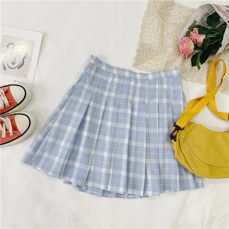 Высокая Талия Хлопок-Line Для женщин юбка Chic полосатый решетки печатных студент плиссированная юбка безопасности брюки сладкие девочки мини-юбка - Цвет: Небесно-голубой