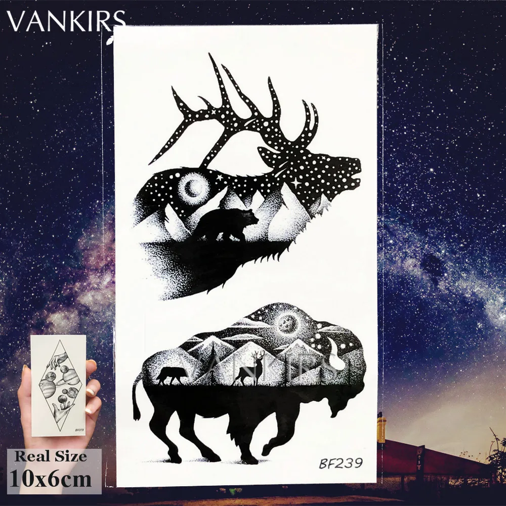 

Galaxy Black Tattoo Temporary Small Women Arm Chest Tattoos Stickers Fake Whale Elk Art Tatoo Water Transfer Men Neck Hill Moon