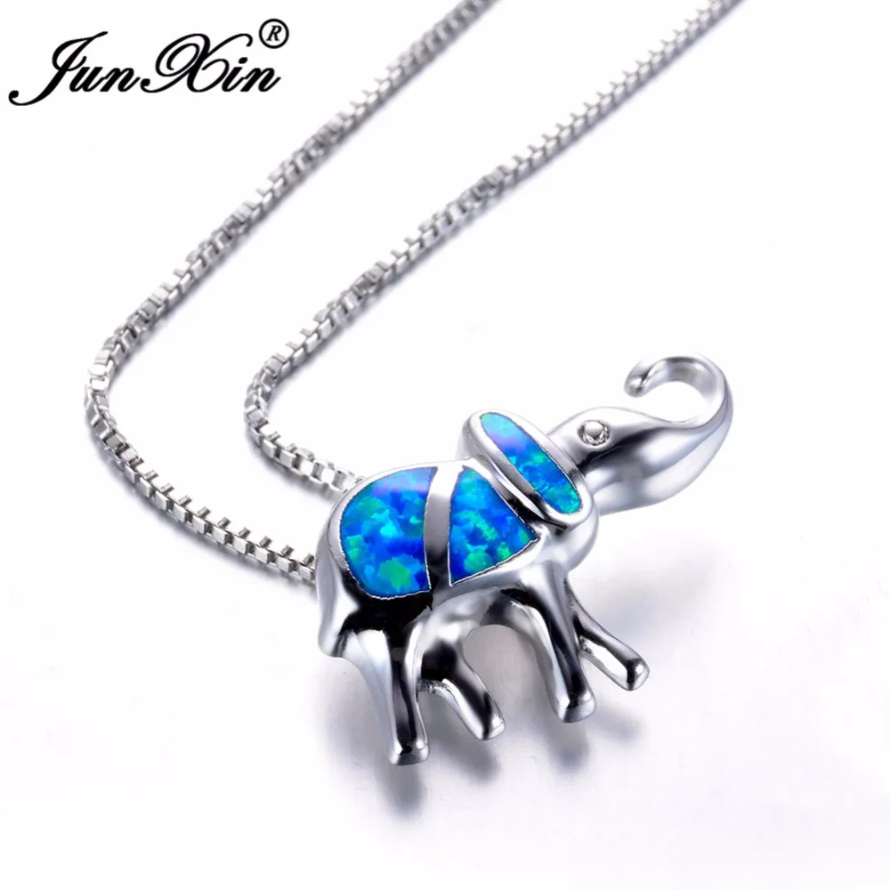 JUNXIN Lucky Elephant ожерелье из голубого опала 925 серебро ожерелья с подвесками для женщин новые украшения со стразами в виде животных подарок