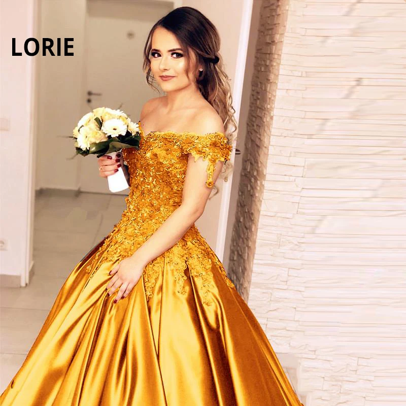 Свадебные платья LORIE золотого цвета бальные с открытыми плечами кружевные