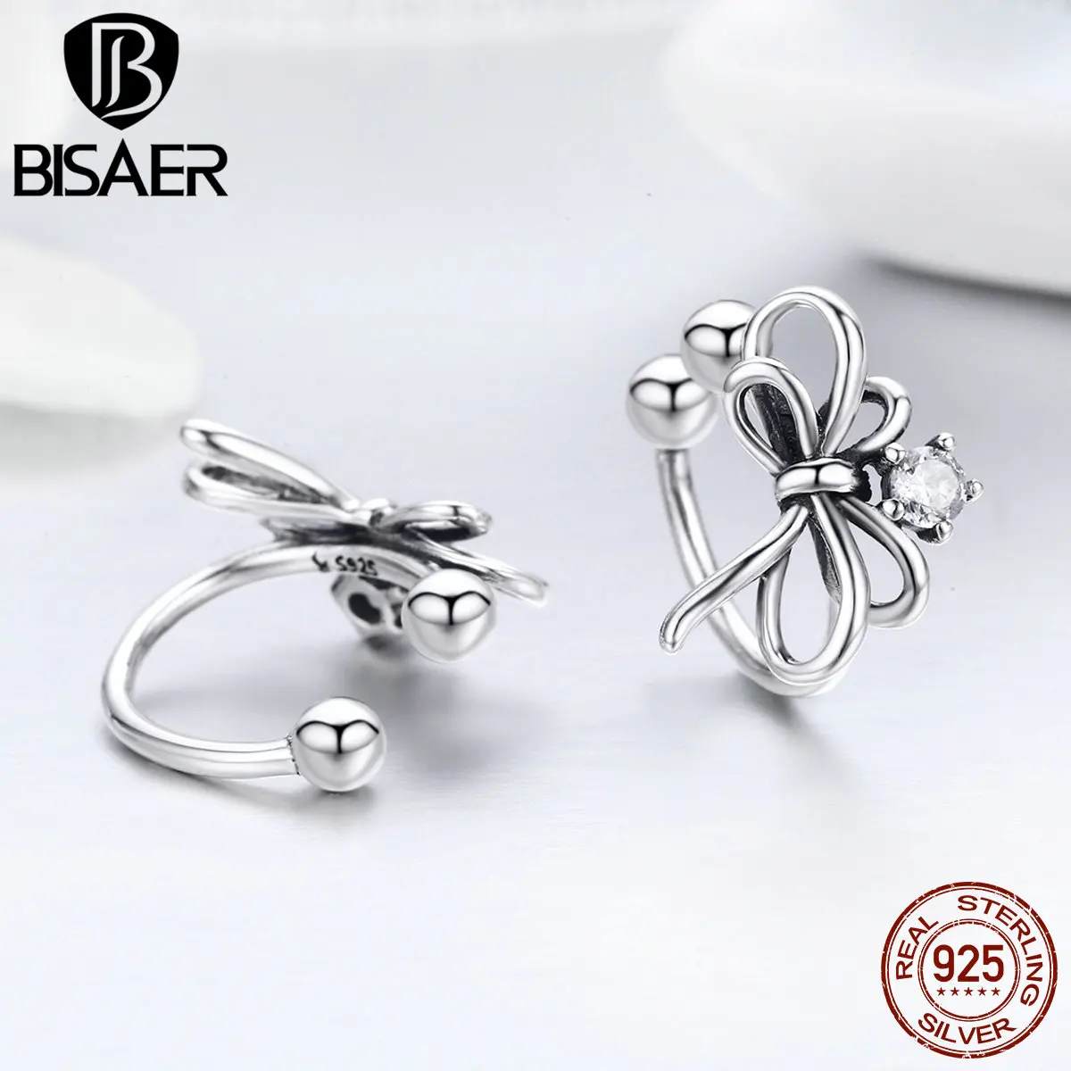 BISAER клипса для уха 925 пробы серебро Brincos, можно носить с светящиеся в форме банта серьги куртки для Для женщин Стерлинговое Серебряные ювелирные изделия S925 ECE345