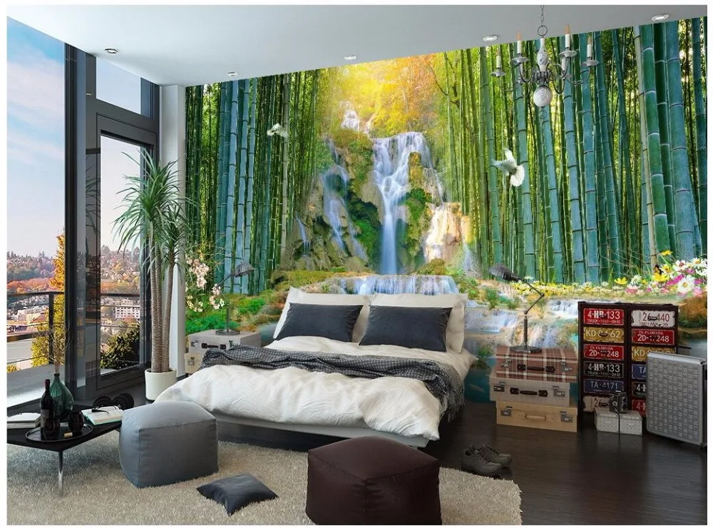 3d обои бамбуковый водопад парк пейзаж настенная живопись на заказ роспись фото