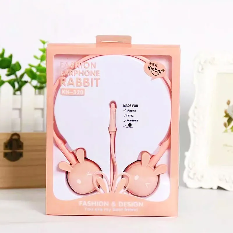 Pink Наушники с милым мультяшным Кроликом, яркие цвета, стерео проводная гарнитура, 3,5 мм, с микрофоном, наушники для Xiaomi, Android, MP3, подарки для девочек - Цвет: Pink