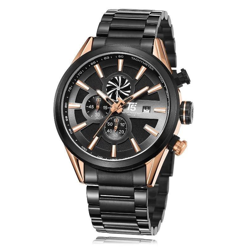 Black Rose gold T5 брендовые роскошные черные розовое золото мужские военные кварцевые хронограф водонепроницаемые спортивные мужские наручные часы - Цвет: Black Rose gold
