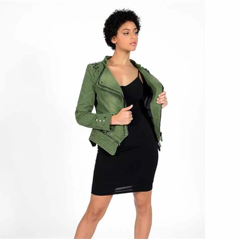 Женская джинсовая куртка на молнии с заклепками облегающая мотоциклетная