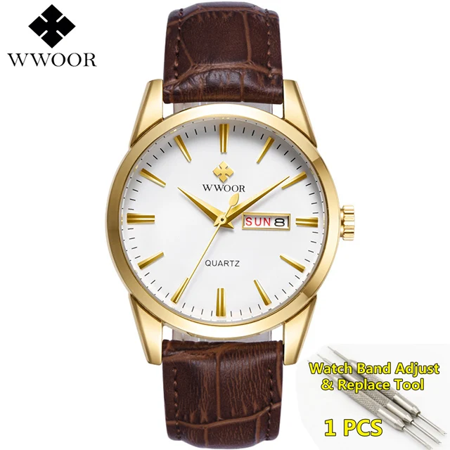 gold-white Брендовые Роскошные мужские часы, дата, день, натуральная кожа, ремешок, спортивные часы, мужские повседневные кварцевые часы, мужские наручные часы, известные часы WWOOR - Цвет: gold-white