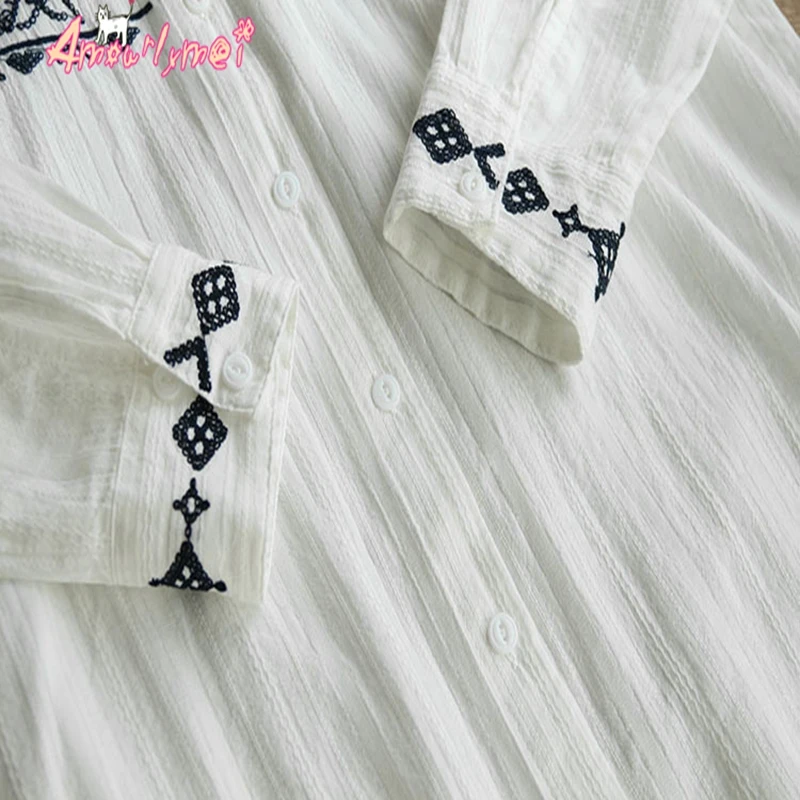Mori Girl, винтажная вышитая блузка, белая рубашка для женщин, рубашка, женские хлопковые льняные топы, женские свободные повседневные блузы с длинным рукавом