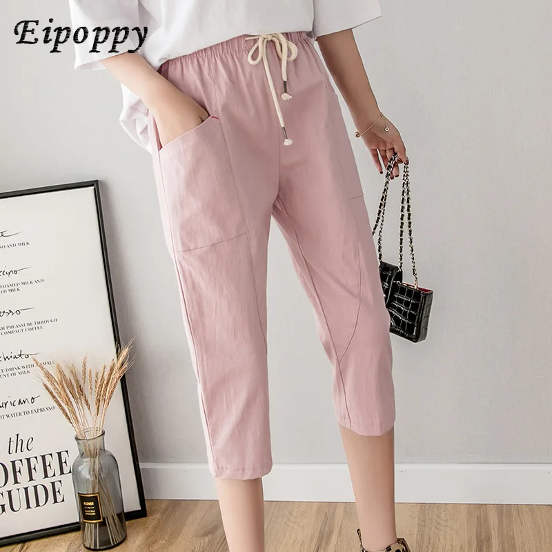 Women Clothing Cotton Linen Cropped Trousers Pants High Waist Thin Solid color Section Sports Women's Width Loose Casual | Женская