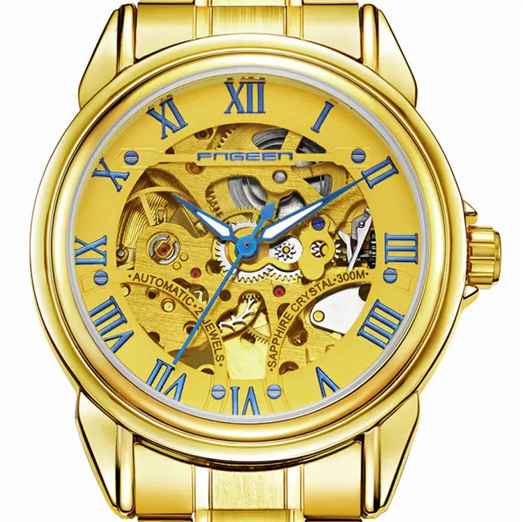 Топ Tourbillon автоматические часы мужские лучший бренд Роскошные мужские наручные часы Скелет Стальные наручные часы синий указатель механические часы - Цвет: gold gold blue