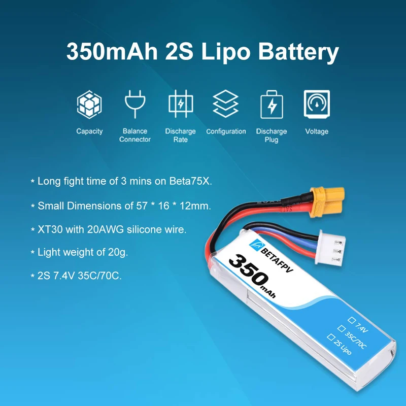 BETAFPV 2 шт 350mAh 2S Lipo батарея 35C/70C 7,4 V XT30 20AWG силиконовый провод 2S Whoop Drone Beta75X бесщеточный Дрон