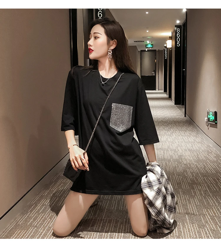 Бисер Стразы бриллианты сверление карман Форма Мода размера плюс хлопок тройник Топ для женщин Harajuku футболка High Street