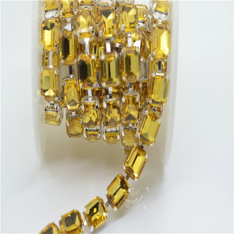 golden yellow 8x10 мм цветные стеклянные стразы, отделка бисером, стразы, прямоугольник, серебряная цепочка, пришивка - Цвет: golden yellow
