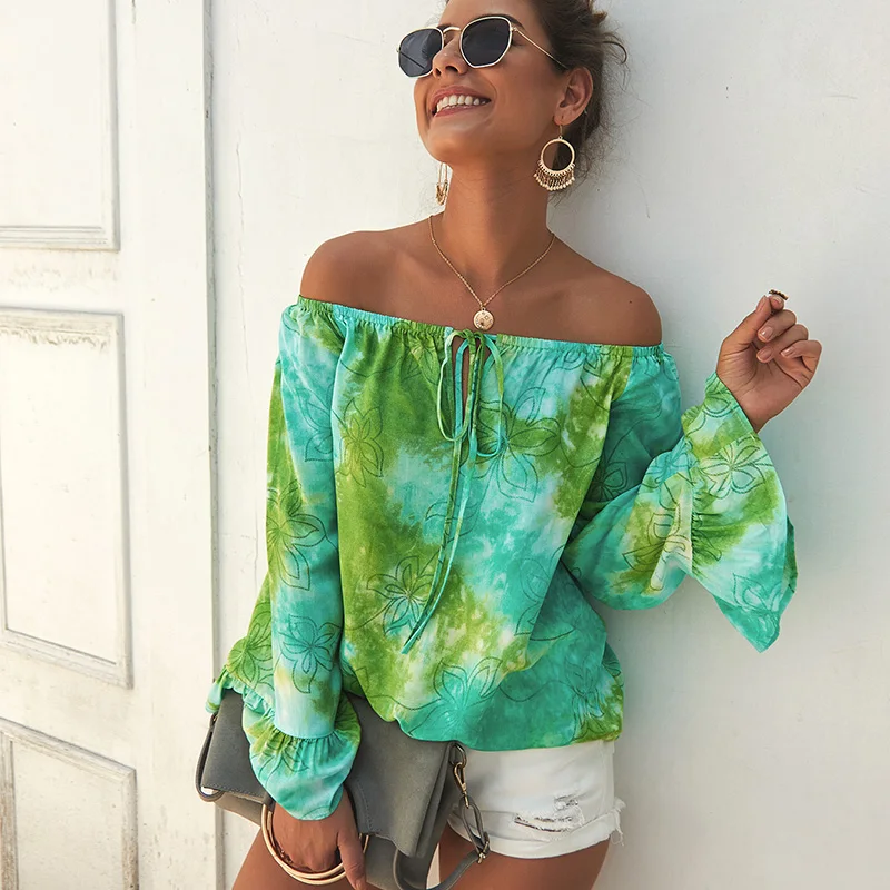 Женская блузка с открытыми плечами Ursohot винтажная длинными рукавами и принтом