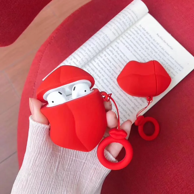 

Sexy Red Lip Earphone Case For Airpods Case Finger Ring Silicone Case Cover for Airpods 2 Earphone Bag Protective Earbuds Cover
