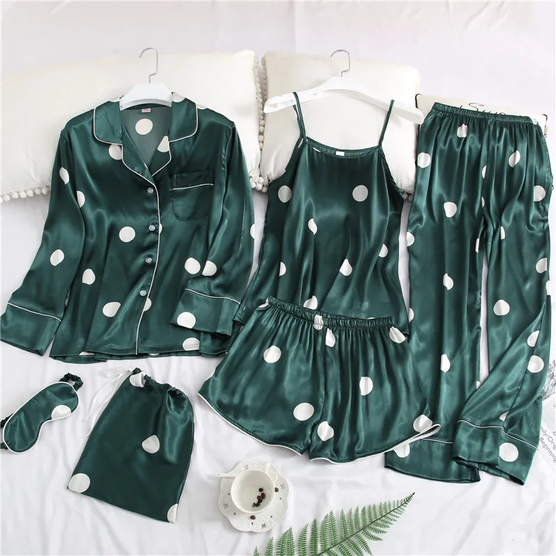 Женский Шелковый пижамный комплект из 7 предметов на весну и лето Атласный с