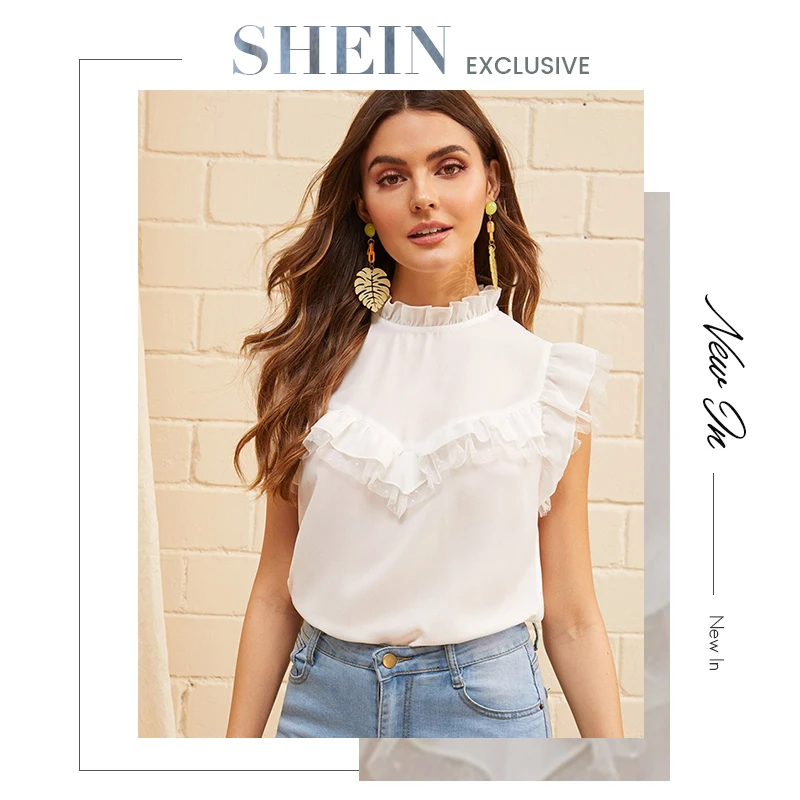 SHEIN контрастная кружевная блузка с оборкой на шее и рюшами, сетчатая вставка, воротник-стойка, Женская, Белая Летняя Блузка без рукавов
