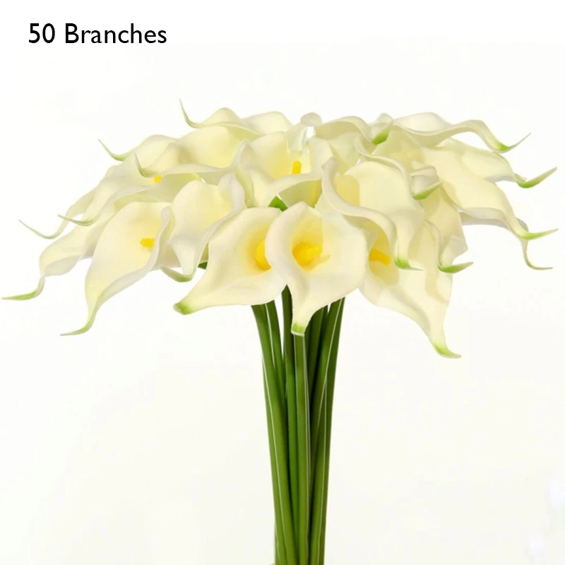 White-yellow yumai 50 шт. / Компл. Черные Калла Цветы Букеты Искусственные Украшения ПУ Лилии Цветы Пучки для Свадьбы Украшение Стола - Цвет: White-yellow