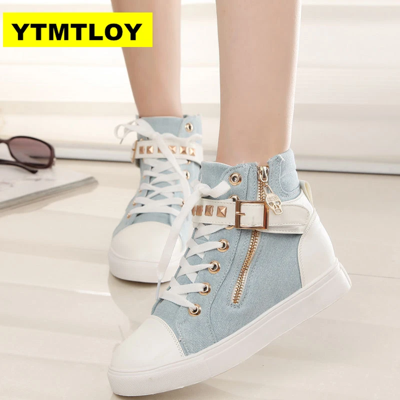 Кеды женские однотонные холщовые кроссовки на танкетке молнии высокие