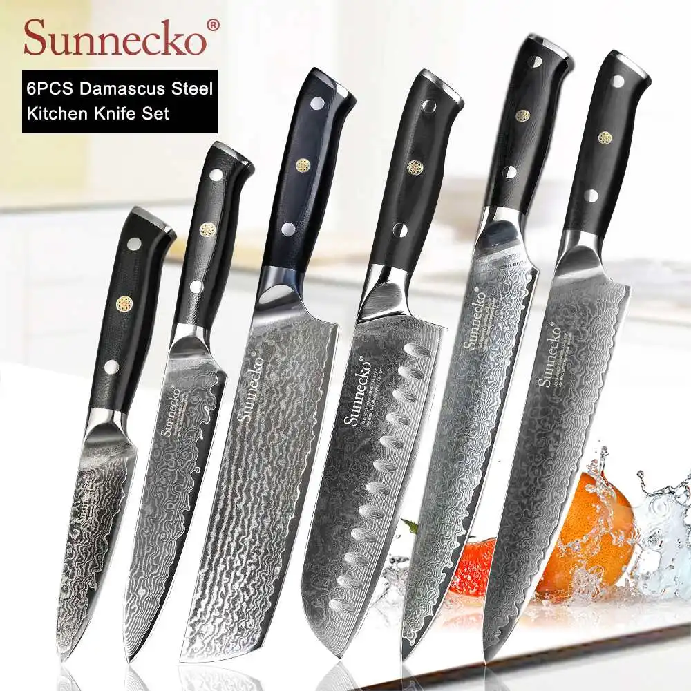 6pcs Set B SUNNECKO дамасский нож шеф-повара Santoku для нарезки овощей нож для стейка нож для хлеба Дамасская сталь набор кухонных ножей G10 Ручка - Цвет: 6pcs Set B