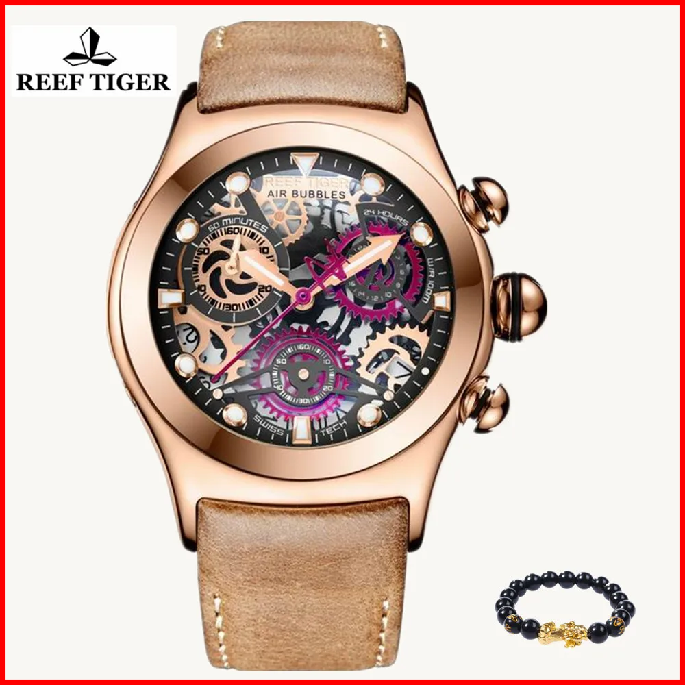 Мужские спортивные часы Reef Tiger кварцевые наручные с хронографом со скелетом