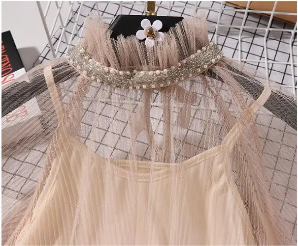 spring new turtleneck beading women blouse and shirts see-through gauze sexy lace ruffles lady elegant bottoming shirts