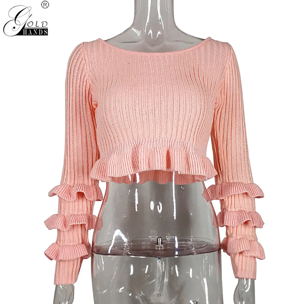 Женский короткий свитер с золотыми стрелками элегантный розовый вязаный в