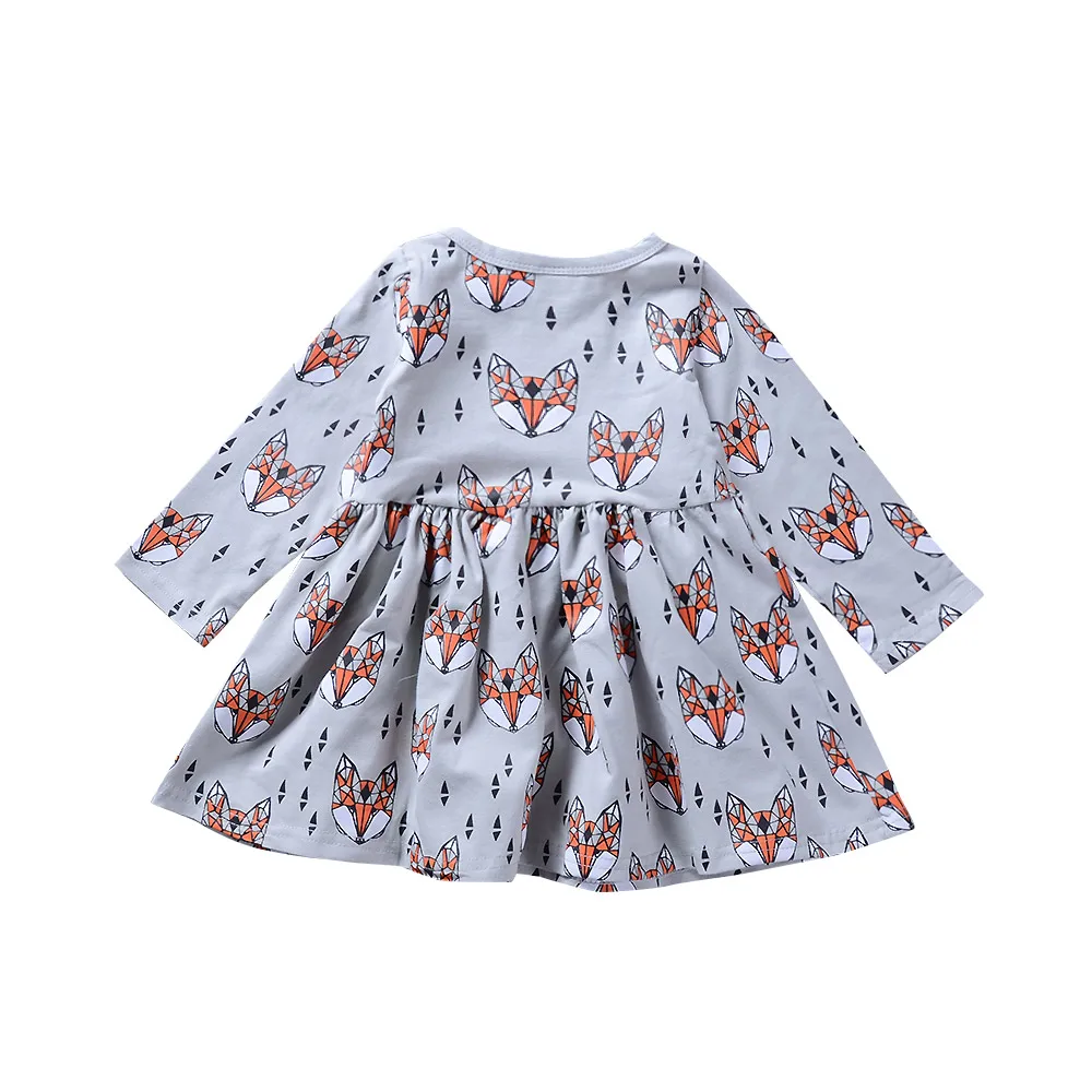 Little Girls Dresses Kleding Meisje Animal Fox Printing Ruched Grey Dress Casual Kids Clothes | Детская одежда и обувь