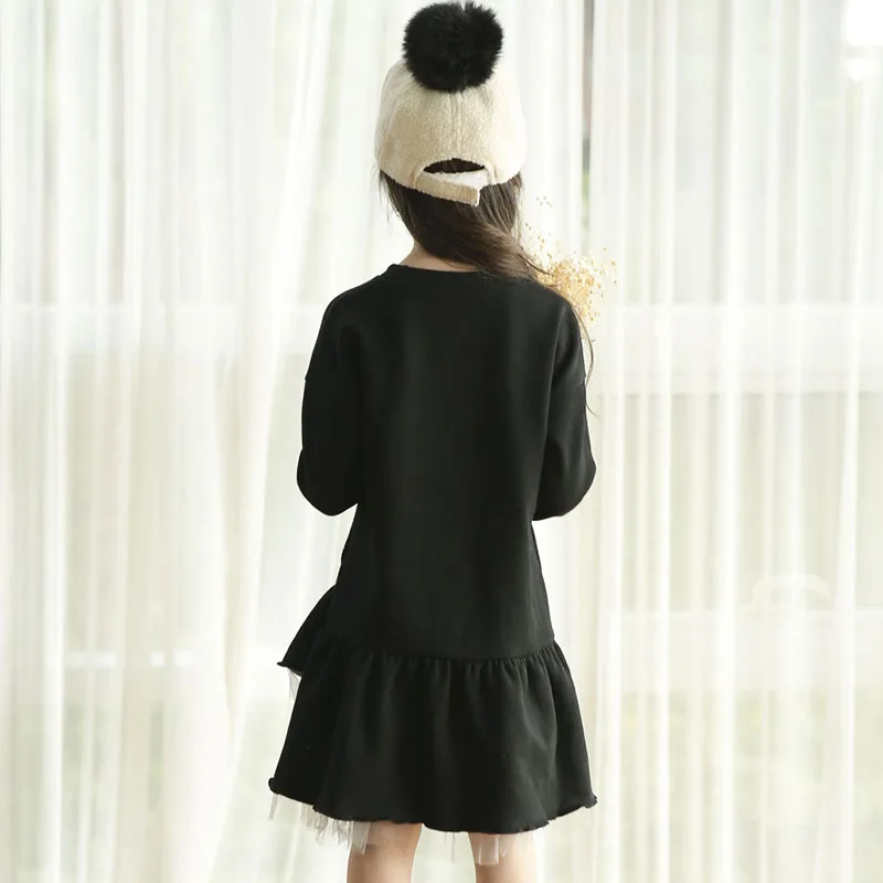 new 2018 mesh patchwork teenage girls long sleeve dresses for kids autumn winter black ruffles sweatshirt dress children clothes | Детская