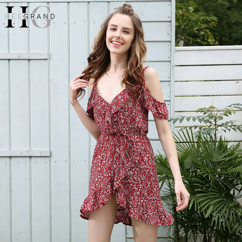 HEE GRAND/шифоновое красное платье на бретелях с цветочным принтом и оборками v