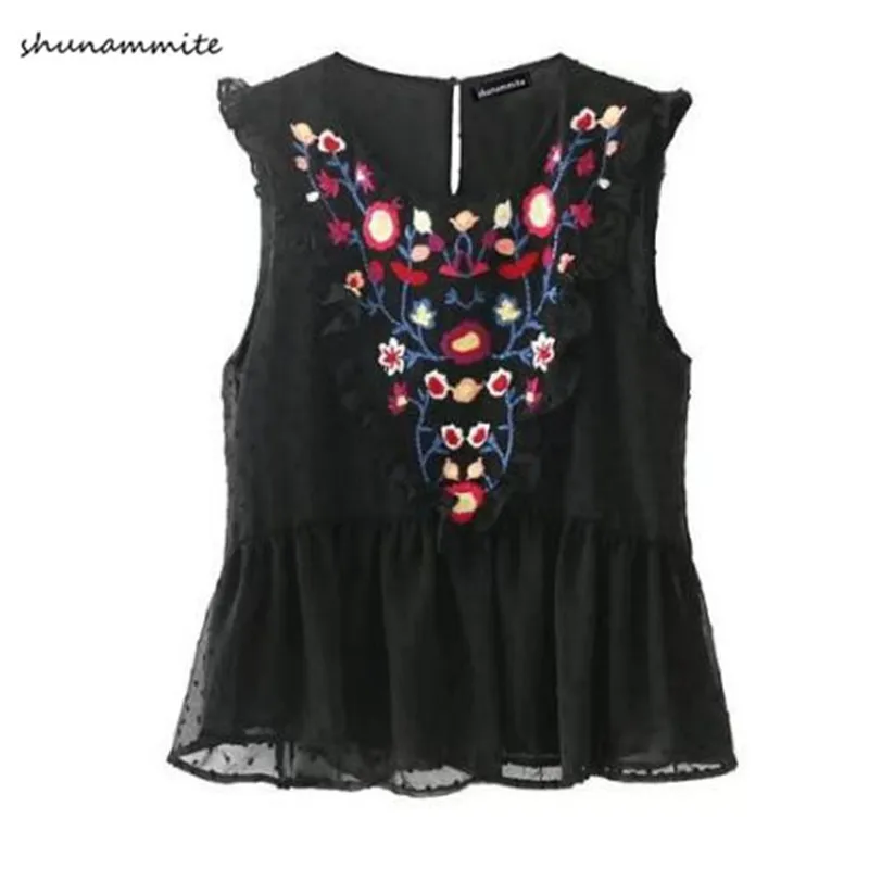 Вуаль Топы на бретельках оборками Сладкий Floral Embroidered gauze бретелях Женские топы с