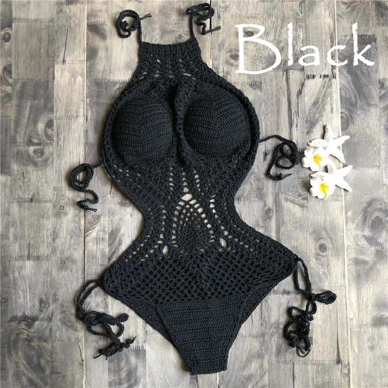 Женский вязаный купальник с бретелькой через шею пикантный открытый Монокини